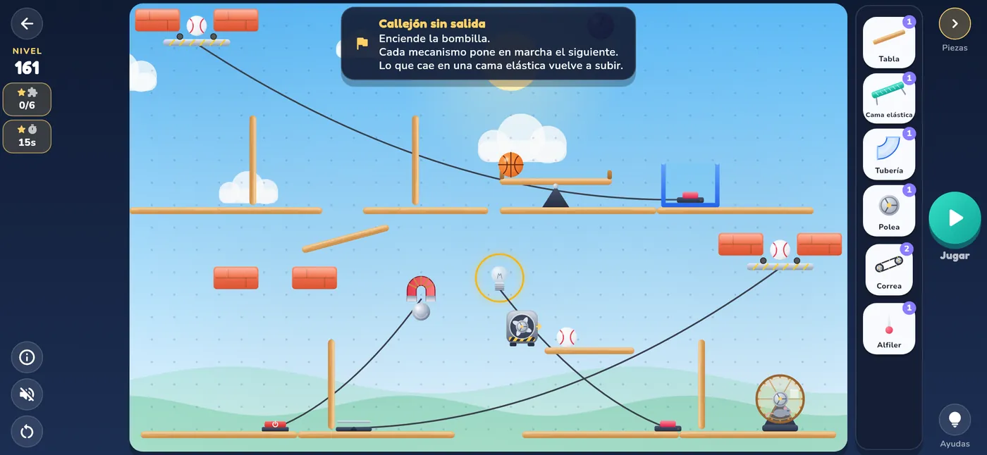 Un nivel de Contraptix: bombillas, imanes, ruedas de ratón y cables